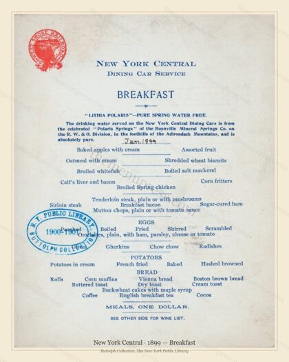 Vintage menu preview — 1899 Vintage Breakfast Menu — New York Central, American Rail Dining Car (Comple