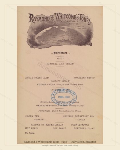 Vintage menu preview — 1900 Vintage Breakfast Menu — Raymond & Whitcombis Tours, American Rail Dini