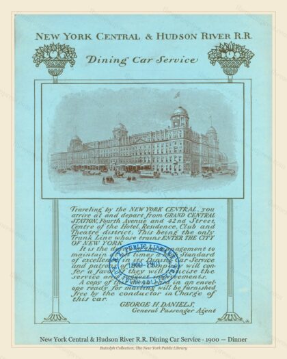 Vintage menu preview — 1900 Vintage Dinner Menu — New York Central & Hudson River R.R, American Rai