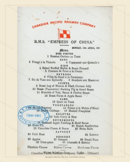 Vintage menu preview — 1900 Vintage Dinner Menu — Canadian Pacific Railway, American Rail Dining Car (C