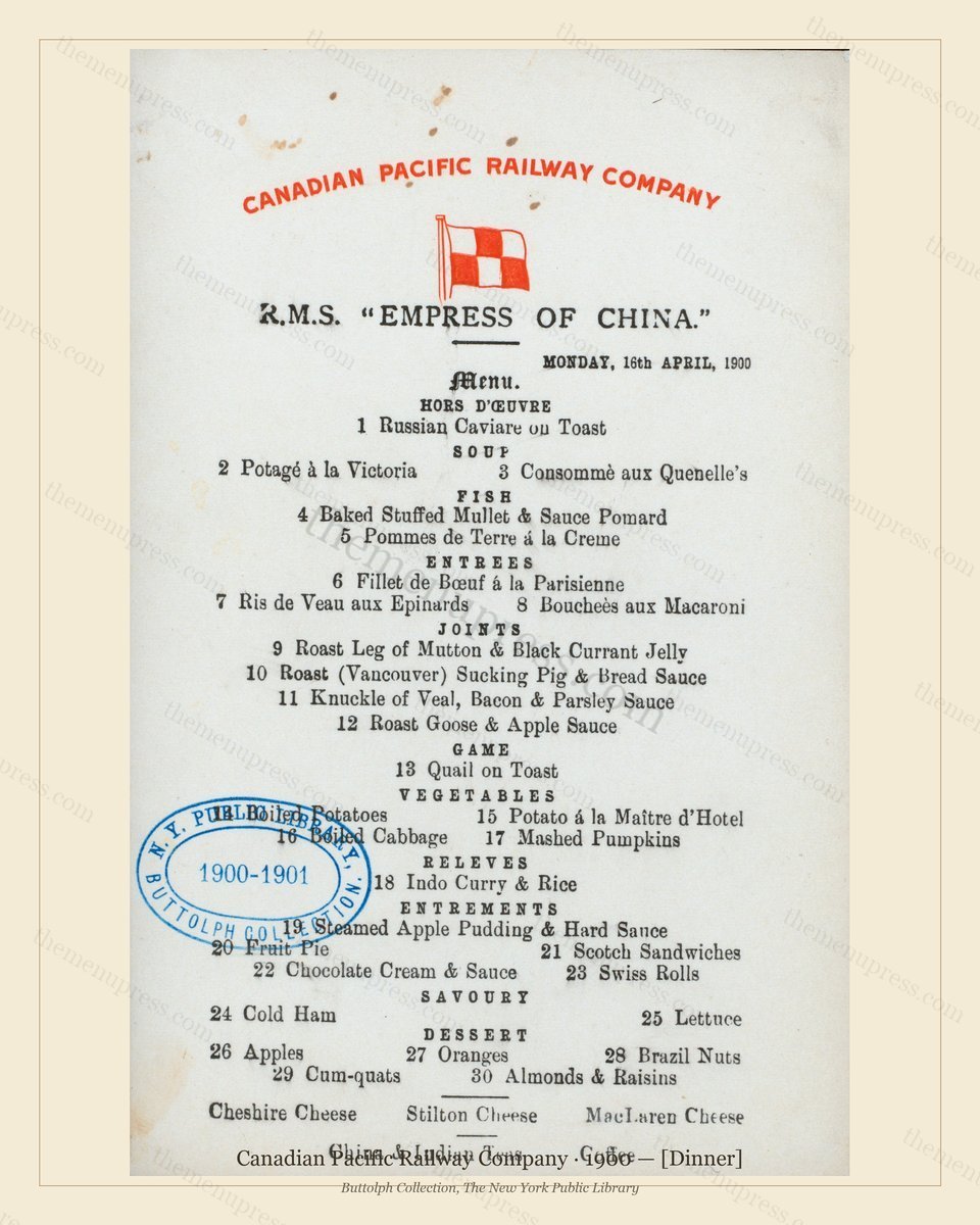 Vintage menu preview — 1900 Vintage Dinner Menu — Canadian Pacific Railway, American Rail Dining Car (C