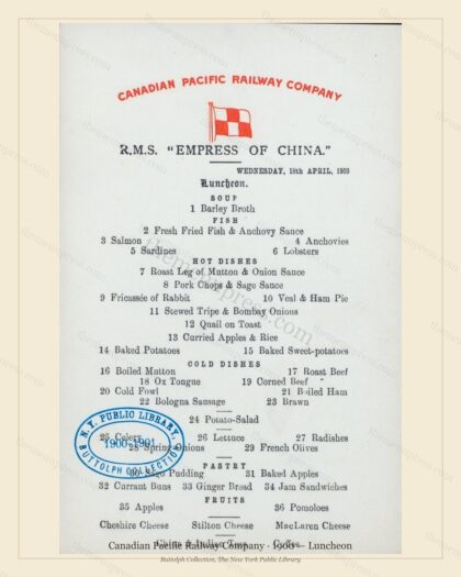 Vintage menu preview — 1900 Vintage Lunch Menu — Canadian Pacific Railway, American Rail Dining Car (Co