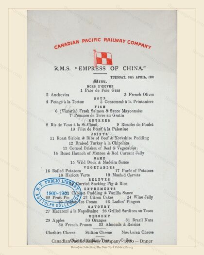 Vintage menu preview — 1900 Vintage Dining Car Menu — Canadian Pacific Railway, American Rail Dining Ca