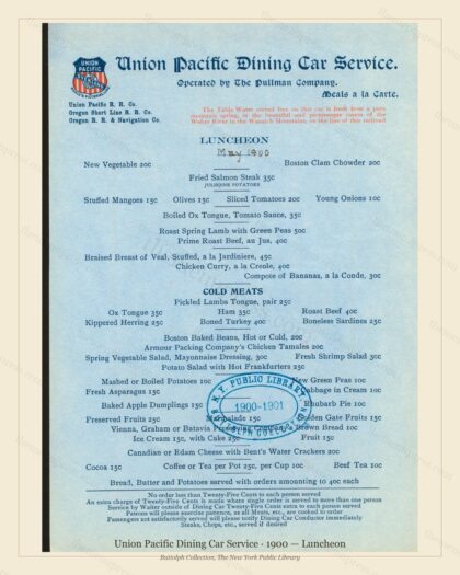 Vintage menu preview — 1900 Vintage Lunch Menu — Union Pacific Dining Car Service, American Rail Dining