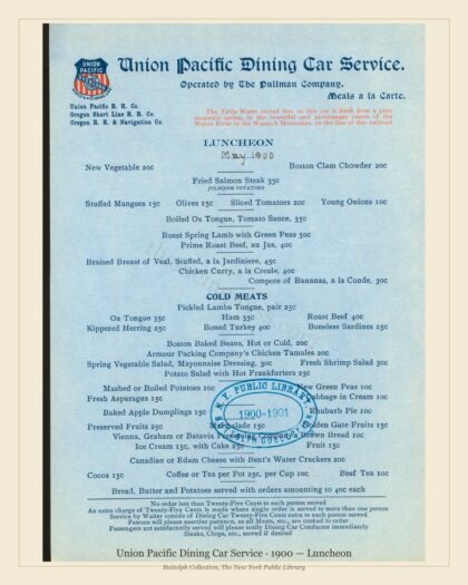 Union Pacific Dining Car Service · 1900 — Luncheon