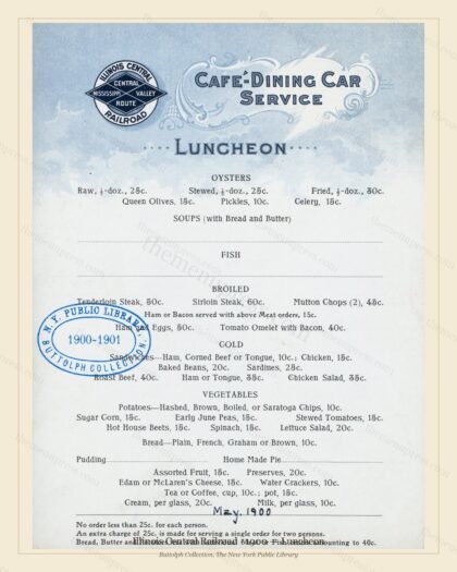 Vintage menu preview — 1900 Vintage Lunch Menu — Illinois Central Railroad, American Rail Dining Car