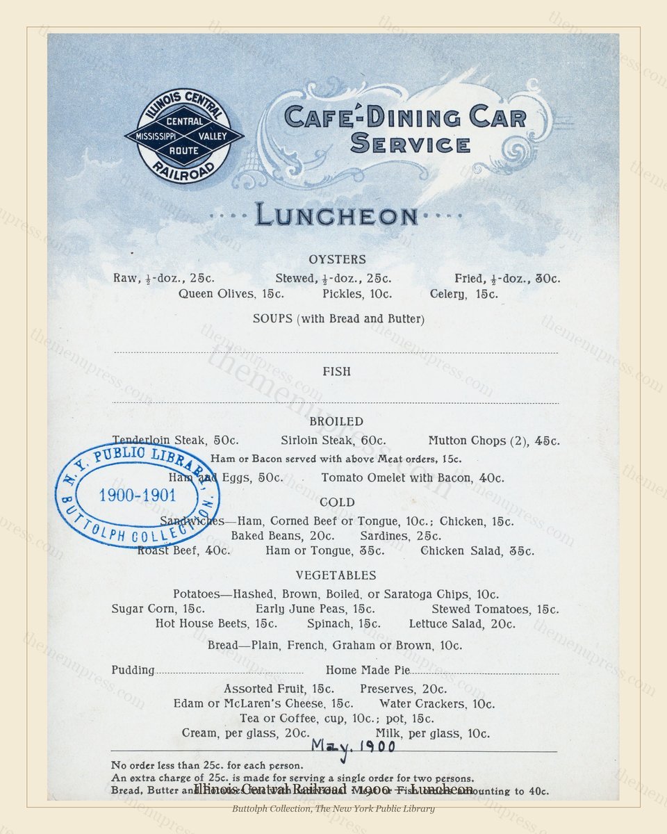 Vintage menu preview — 1900 Vintage Lunch Menu — Illinois Central Railroad, American Rail Dining Car