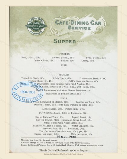 Vintage menu preview — 1900 Vintage Supper Menu — Illinois Central Railroad, American Rail Dining Car