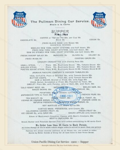 Vintage menu preview — 1900 Vintage Supper Menu — Union Pacific Dining Car Service, American Rail Dinin