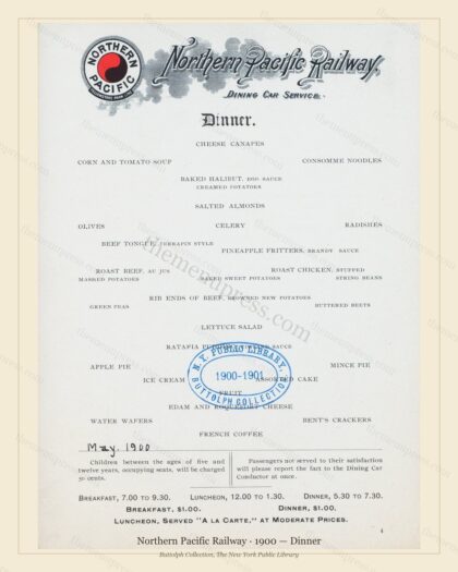 Vintage menu preview — 1900 Vintage Dinner Menu — Northern Pacific Railway, American Rail Dining Car (C