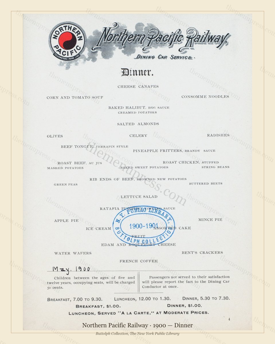 Vintage menu preview — 1900 Vintage Dinner Menu — Northern Pacific Railway, American Rail Dining Car (C