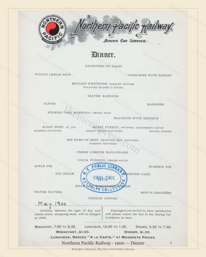 Vintage menu preview — 1900 Vintage Dinner Menu — Northern Pacific Railway, American Rail Dining Car (C
