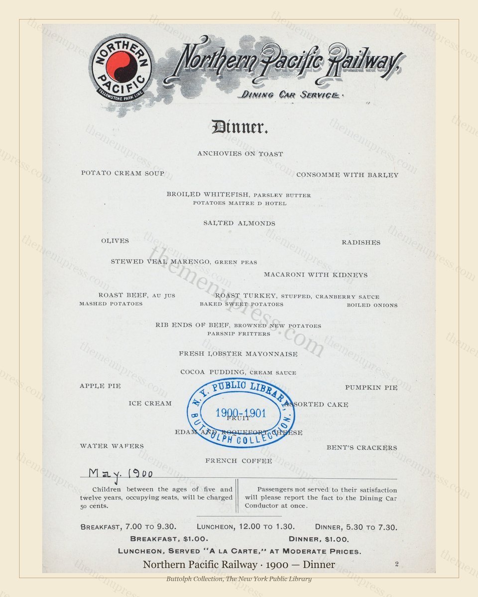 Vintage menu preview — 1900 Vintage Dinner Menu — Northern Pacific Railway, American Rail Dining Car (C