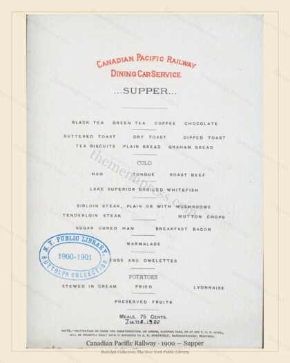 Vintage menu preview — 1900 Vintage Supper Menu — Canadian Pacific Railway, American Rail Dining Car (C