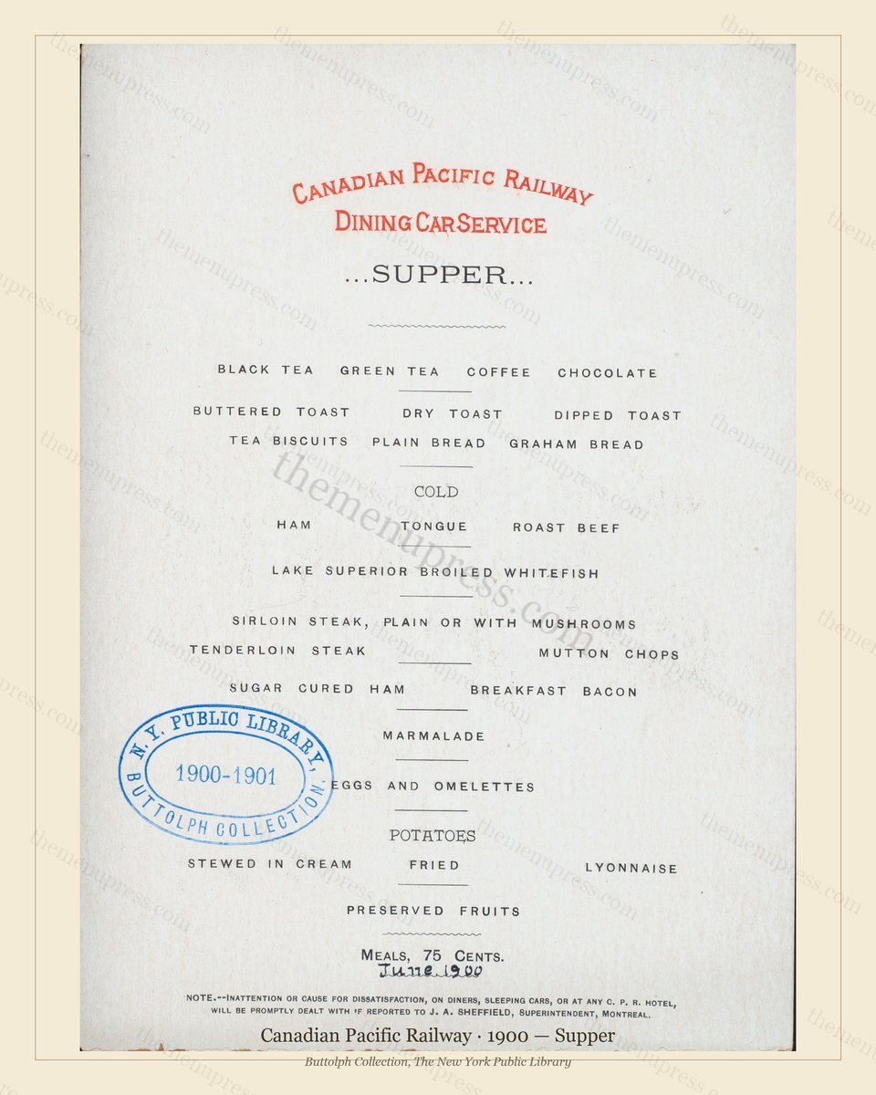 Vintage menu preview — 1900 Vintage Supper Menu — Canadian Pacific Railway, American Rail Dining Car (C