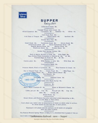 Vintage menu preview — 1900 Vintage Supper Menu — Lackawanna Railroad, American Rail Dining Car