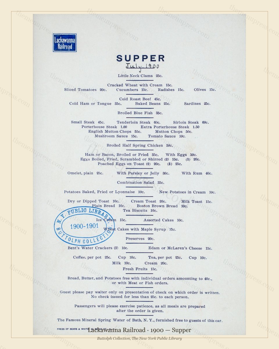 Vintage menu preview — 1900 Vintage Supper Menu — Lackawanna Railroad, American Rail Dining Car