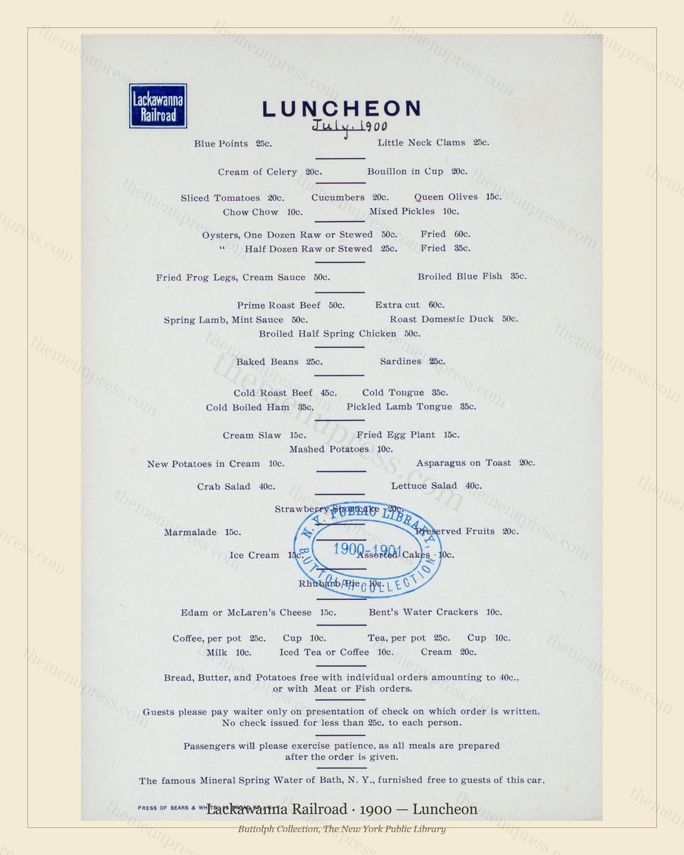 Vintage menu preview — 1900 Vintage Lunch Menu — Lackawanna Railroad, American Rail Dining Car