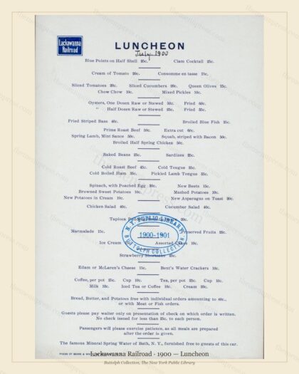 Vintage menu preview — 1900 Vintage Lunch Menu — Lackawanna Railroad, American Rail Dining Car