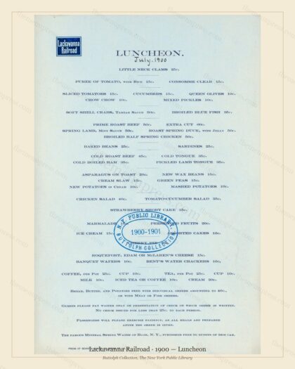 Vintage menu preview — 1900 Vintage Lunch Menu — Lackawanna Railroad, American Rail Dining Car