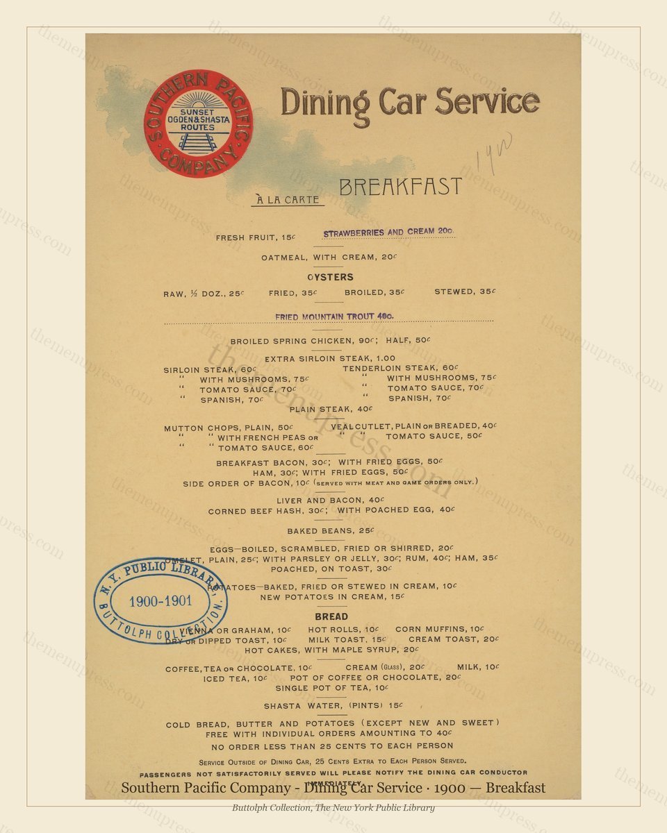 Vintage menu preview — 1900 Vintage Breakfast Menu — Southern Pacific Company - Dining C, American Rail