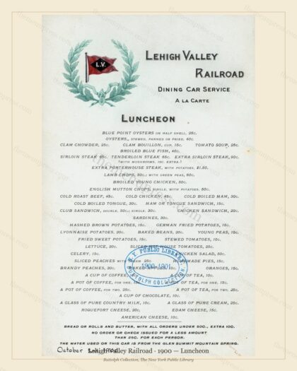Vintage menu preview — 1900 Vintage Lunch Menu — Lehigh Valley Railroad, American Rail Dining Car (Comp