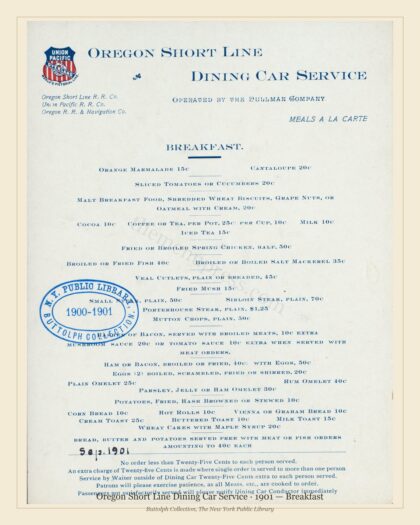 Oregon Short Line Dining Car Service · 1901 — Breakfast