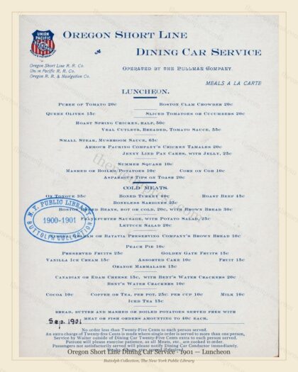 Vintage menu preview — 1901 Vintage Lunch Menu — Oregon Short Line Dining Car Servic, American Rail Din