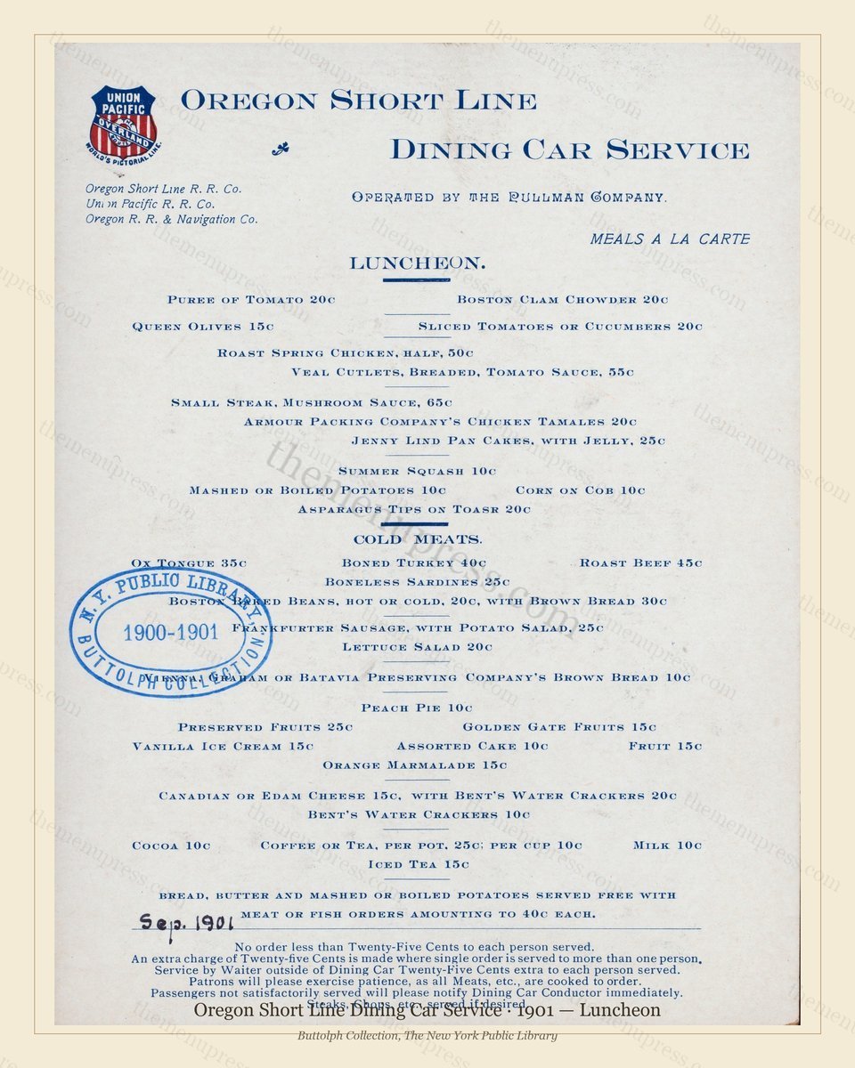 Vintage menu preview — 1901 Vintage Lunch Menu — Oregon Short Line Dining Car Servic, American Rail Din