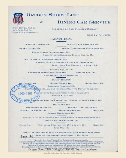 Oregon Short Line Dining Car Service · 1901 — Luncheon