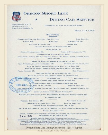 Oregon Short Line Dining Car Service · 1901 — Supper