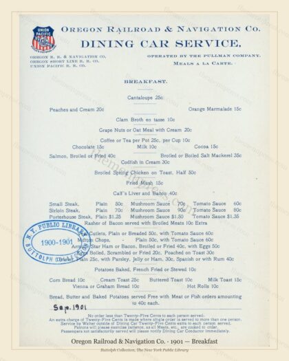 Vintage menu preview — 1901 Vintage Breakfast Menu — Oregon Railroad & Navigation, American Rail Di