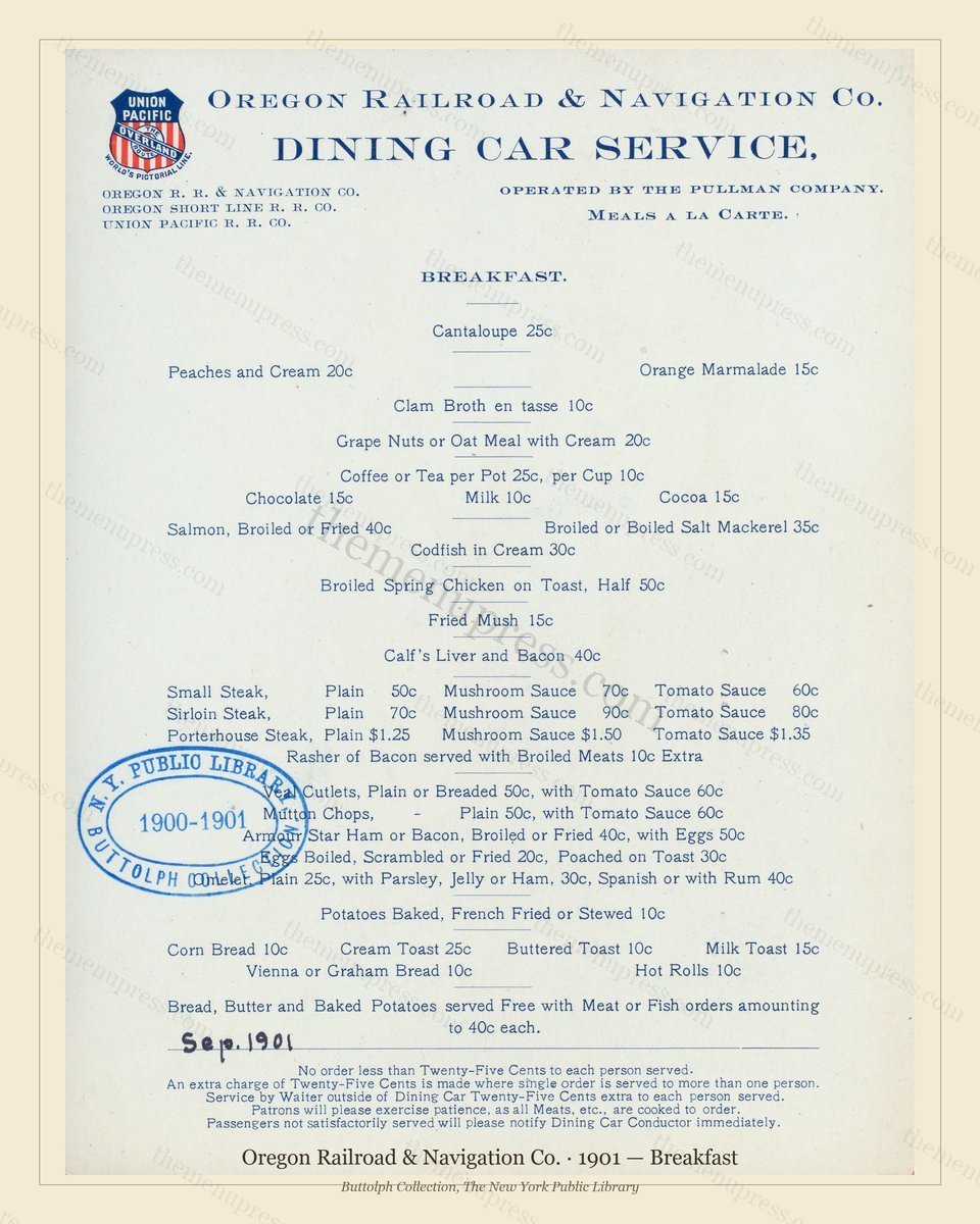 Vintage menu preview — 1901 Vintage Breakfast Menu — Oregon Railroad & Navigation, American Rail Di