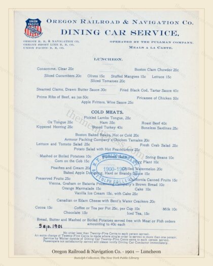 Vintage menu preview — 1901 Vintage Lunch Menu — Oregon Railroad & Navigation, American Rail Dining