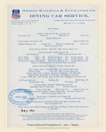 Vintage menu preview — 1901 Vintage Supper Menu — Oregon Railroad & Navigation, American Rail Dinin