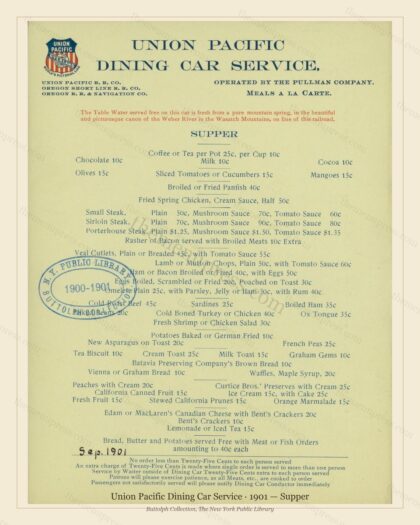 Vintage menu preview — 1901 Vintage Supper Menu — Union Pacific Dining Car Service, American Rail Dinin