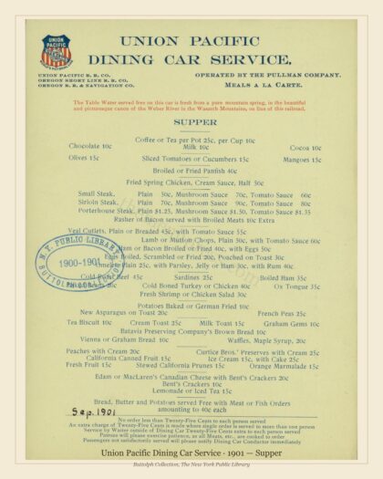 Union Pacific Dining Car Service · 1901 — Supper