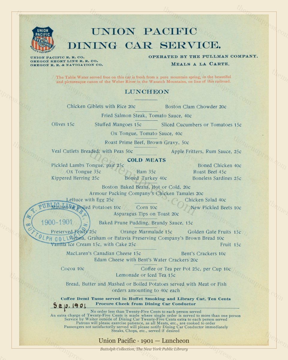 Vintage menu preview — 1901 Vintage Lunch Menu — Union Pacific, American Rail Dining Car (Complete 2-Pa