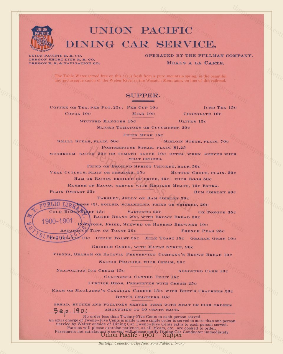 Vintage menu preview — 1901 Vintage Supper Menu — Union Pacific, American Rail Dining Car (Complete 2-P