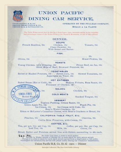 Vintage menu preview — 1901 Vintage Dinner Menu — Union Pacific R.R. Co. Et Al, American Rail Dining Ca