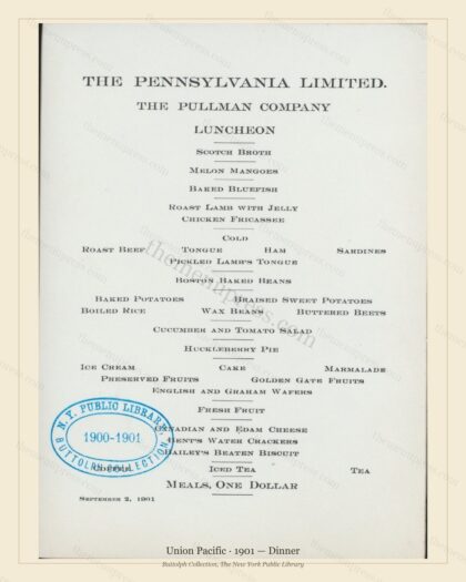 Vintage menu preview — 1901 Vintage Dinner Menu — Union Pacific, American Rail Dining Car (Complete 2-P