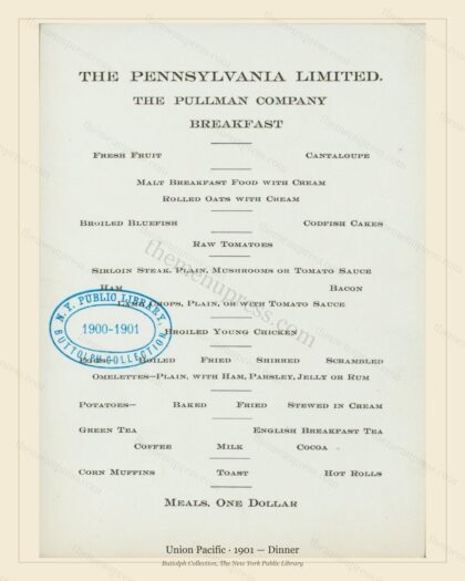 Vintage menu preview — 1901 Vintage Dinner Menu — Union Pacific, American Rail Dining Car (Complete 2-P