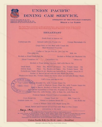 Vintage menu preview — 1901 Vintage Breakfast Menu — Union Pacific R.R. Co. Et Al, American Rail Dining