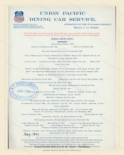Vintage menu preview — 1901 Vintage Breakfast Menu — Union Pacific R.R. Co. Et Al, American Rail Dining