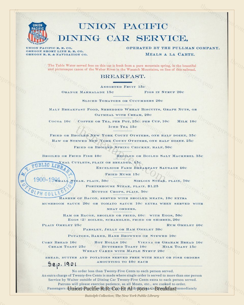 Vintage menu preview — 1901 Vintage Breakfast Menu — Union Pacific R.R. Co. Et Al, American Rail Dining