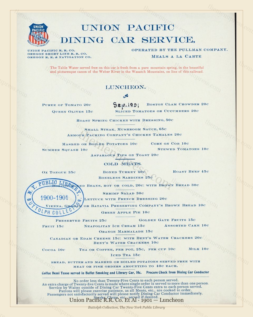 Vintage menu preview — 1901 Vintage Lunch Menu — Union Pacific R.R. Co. Et Al, American Rail Dining Car