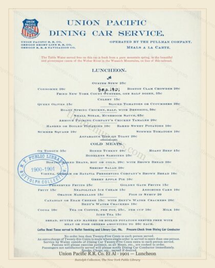 Vintage menu preview — 1901 Vintage Lunch Menu — Union Pacific R.R. Co. Et Al, American Rail Dining Car