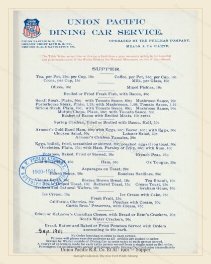 Vintage menu preview — 1901 Vintage Supper Menu — Union Pacific R.R. Co. Et Al, American Rail Dining Ca