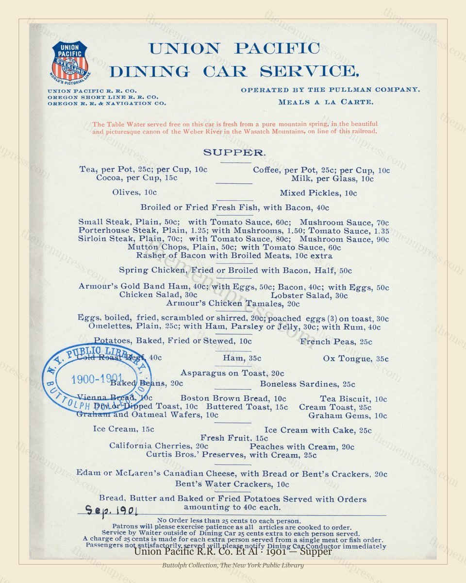 Vintage menu preview — 1901 Vintage Supper Menu — Union Pacific R.R. Co. Et Al, American Rail Dining Ca