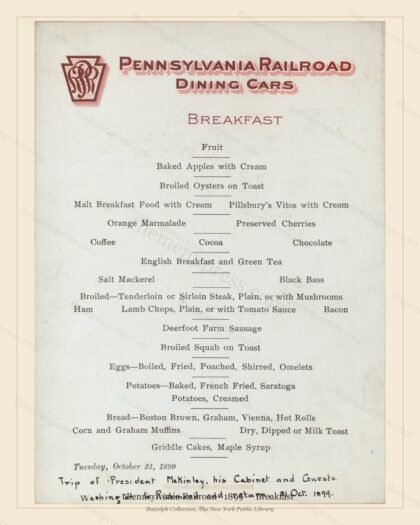 Vintage menu preview — 1899 Vintage Breakfast Menu — Pennsylvania Railroad, American Rail Dining Car